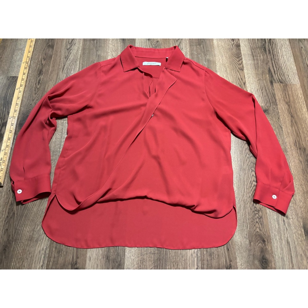 Foxcroft Blouse Womens Size L Red Top Long Sleeve Faux Wrap High Low Hem
